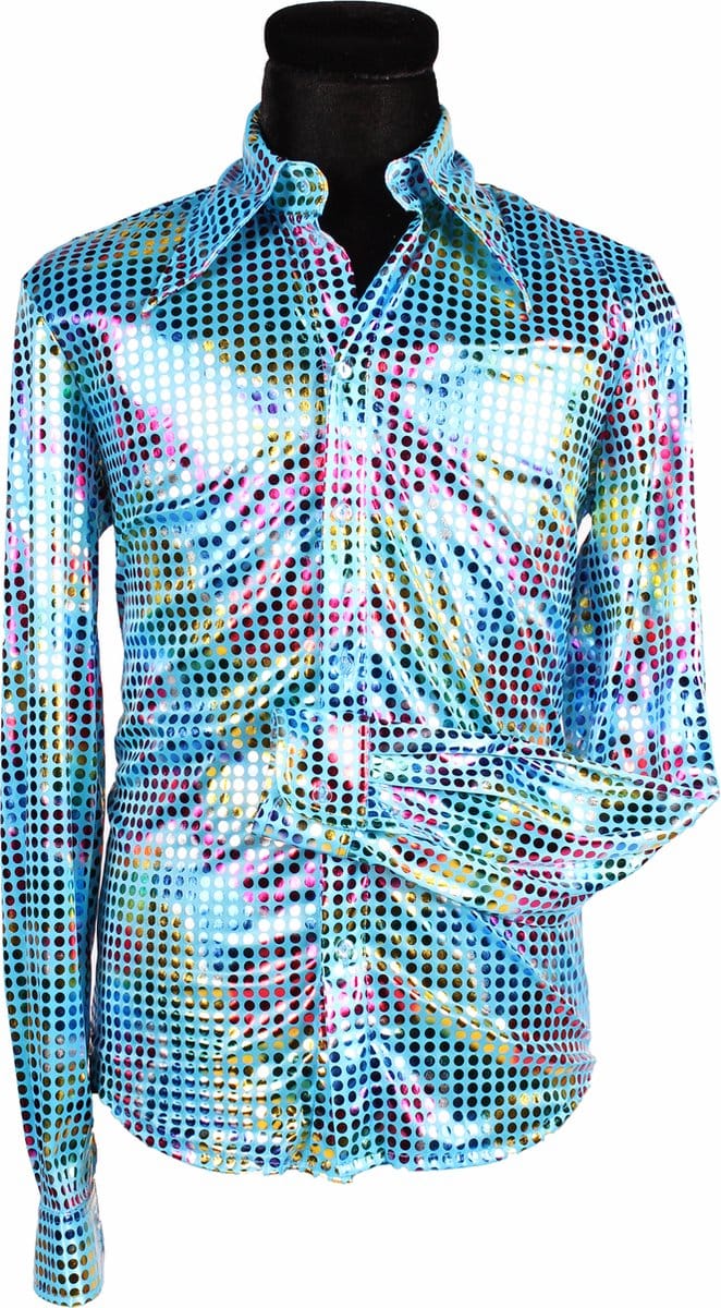 Overhemd Disco - Heren Blouse - Disco 80/90 - Hippie - Carnaval - Verkleedkleding - Turquoise - Maat L