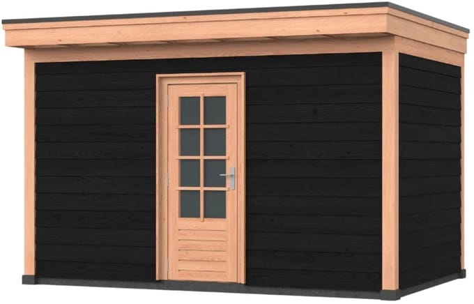 Douglas overkapping, 400 x 300, Met achterwand en schuur, Westwood Comfort Basic zwart