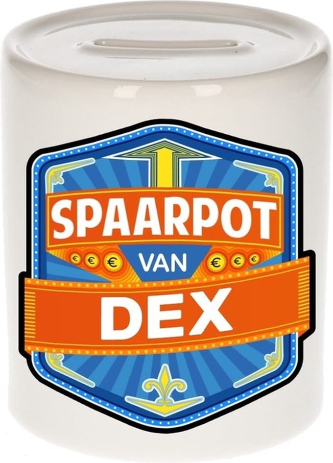 Bellatio Decorations Kinder spaarpot met naam - Dex - keramiek - met dop - wit - Sparen - Spaargeld van Dex