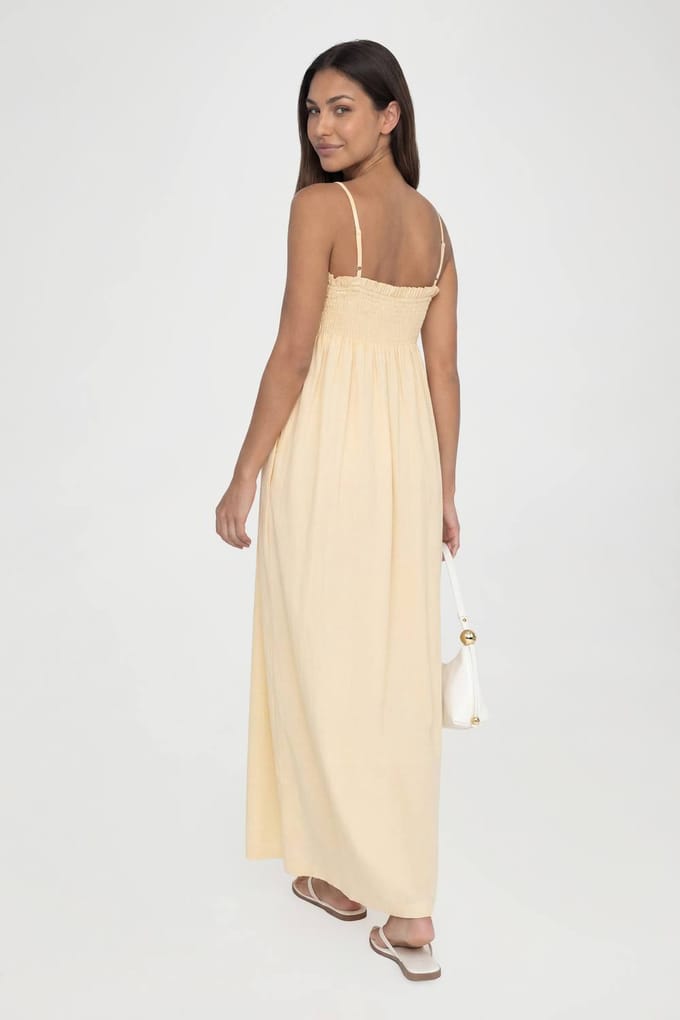 boohoo Dames Lange Maxi Smock Jurk Met Gerimpeld Detail | Lemon | Maat: 6