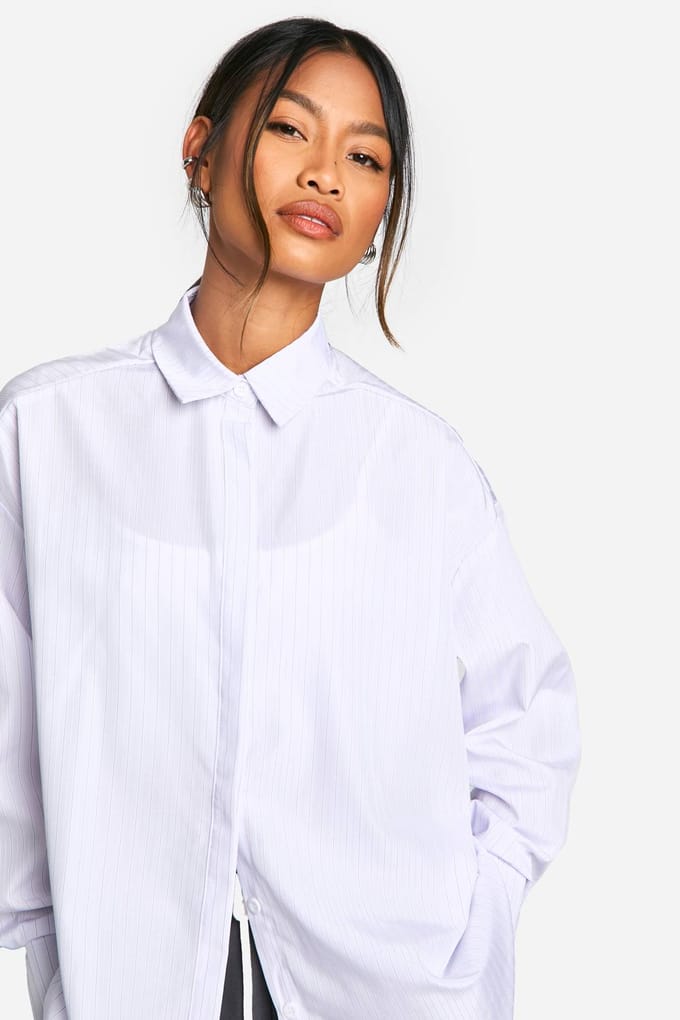 boohoo Dames Oversized Fijn Gestreept Shirt | White | Maat: 10