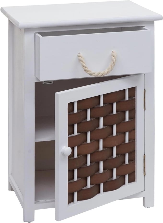 Ladekast MCW-K83, ladekast, hout 55x39.5x28.5cm ~ wit, bruin polyrattan