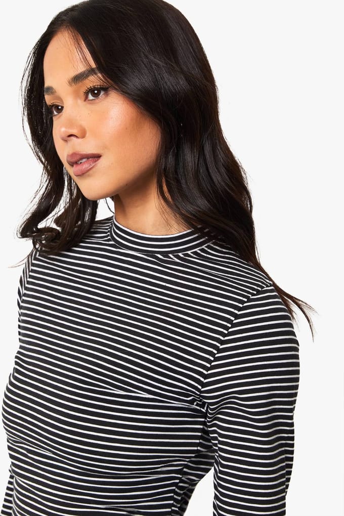 boohoo Dames Gestreepte lange mouw top | Black | Maat: 6