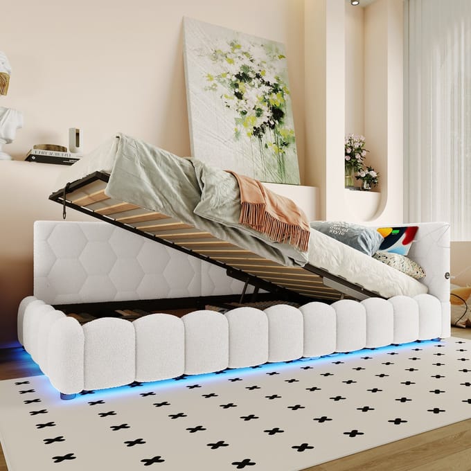 Ligbed - 90x200cm - slaapbank - zonder matras - LED-verlichting - USB-poort - Type-C - imitatiefleece - wit