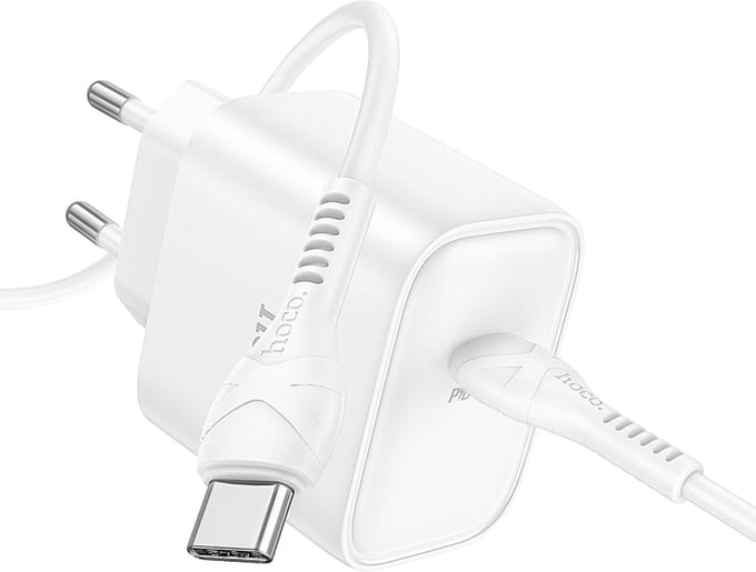 Hoco 25W Type C Snellader & Kabel - Wit - USB-C naar USB-C Kabel (2 Meter) & Stekker - Snelle Oplader Geschikt voor Telefoon en Tablet