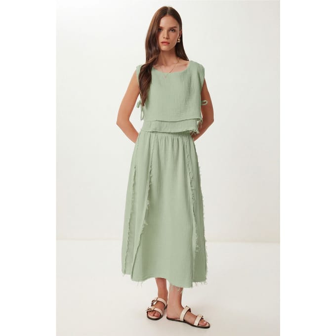 Katoenen Mouwloze Blouse en Wijde Rok Set