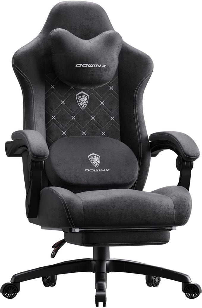 Dowinx Gamingstoel - Verwarming & Massage - Lendensteun - Voetsteun - Stof Zwart