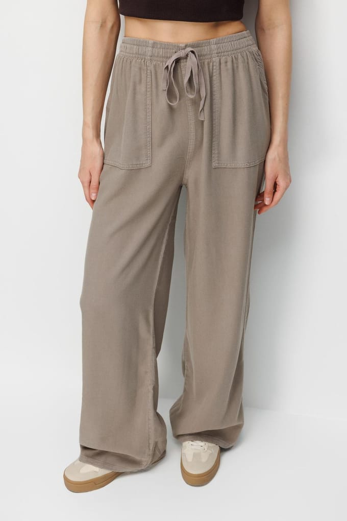 Middenhoog Taille Rechte Pijpen Katoenen Broek met Striksluiting