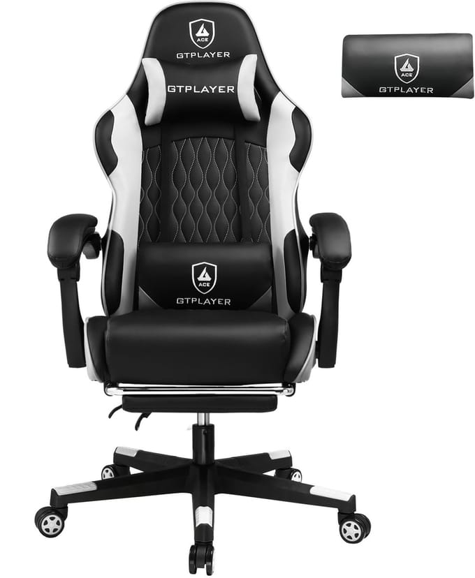 GTPLAYER - Ergonomische Gamingstoel - Met Lendenkussen en Voetensteun - Wit