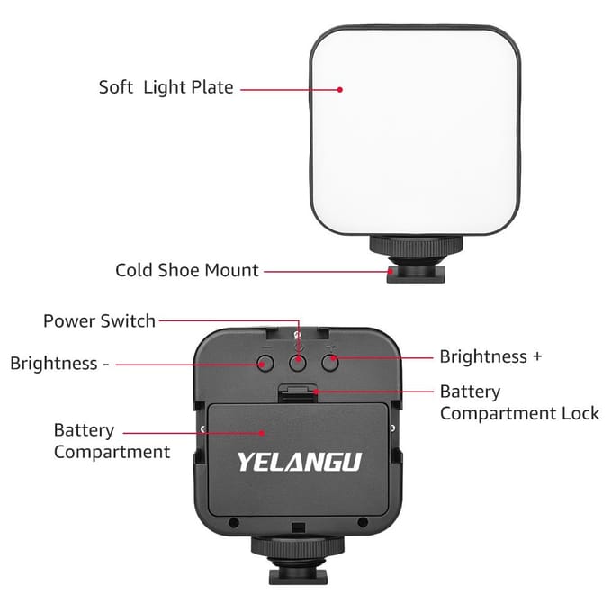 YELANGU LED01 Mini LED-videolamp Fotografie-invullamp 6500K Dimbaar 5W met Cold Shoe Mount zwart