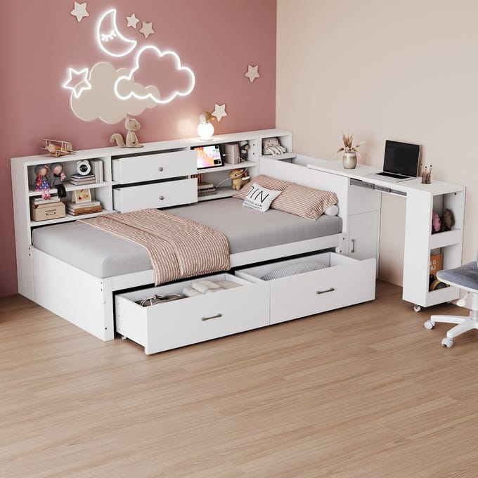 REDOM bedframe 90x200 cm – Wit – Veel opbergruimte, uitschuifbaar bureau, USB en stopcontact
