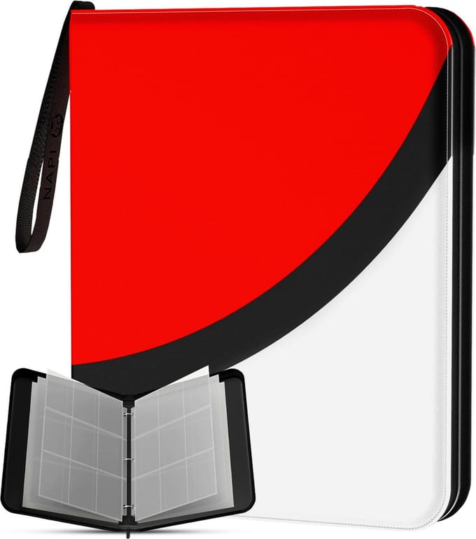 NAPI Verzamelmap voor 900 Kaarten - Binder Map voor Kaarten - 9 Pocket - Kunstleer - Premium Card Binder met Ritssluiting - 50 Pagina's - A4 Formaat - Rood/Wit