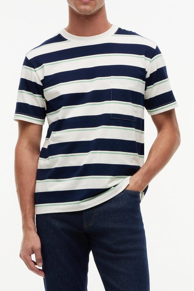 Tommy Hilfiger Yarn Dye Multistripe Ivory/carbon Navy/cut Grass Stripe Größe: XXL | Basic T-Shirts Outlet | Herren | Weiß