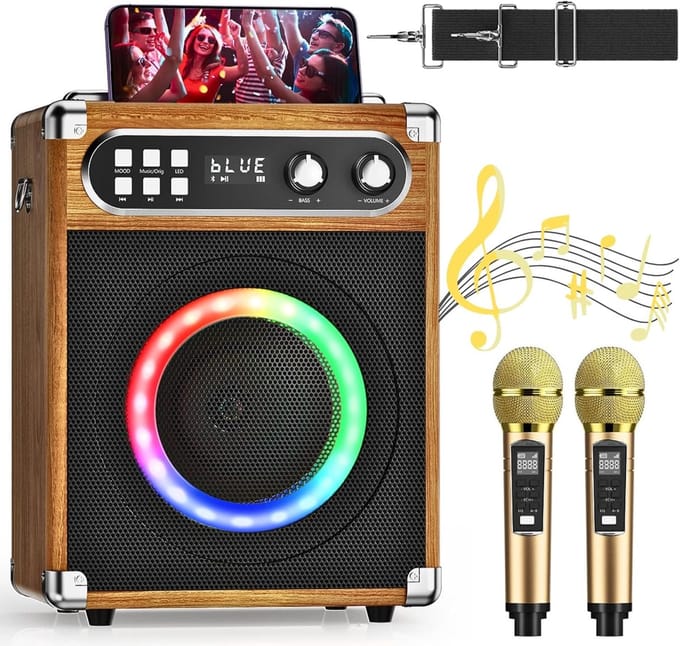 Draagbare Karaoke Machine met 2 Draadloze Microfoons en Ingebouwde DJ-Verlichting - PA Systeem Hout