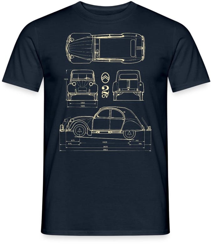 Citroën 2CV Maat Specificaties Blauwdruk T-Shirt Heren
