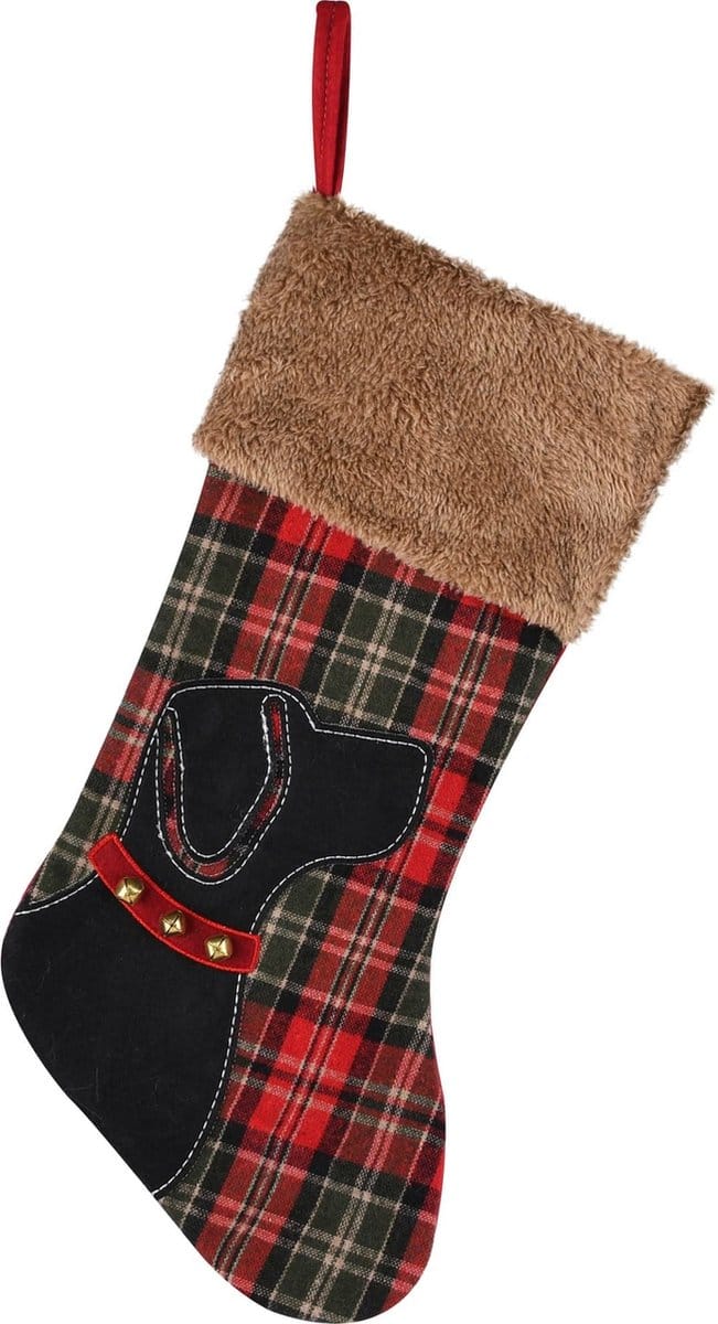 Dekoratief | Kerstkous m/hond, rood/zwart geruit, textiel, 24x46cm | A225471