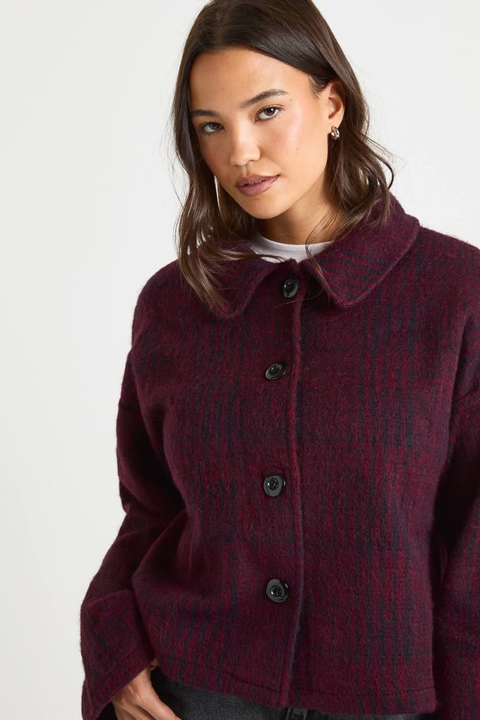 boohoo Dames Check Wool Look Kraagjas | Burgundy | Maat: 10