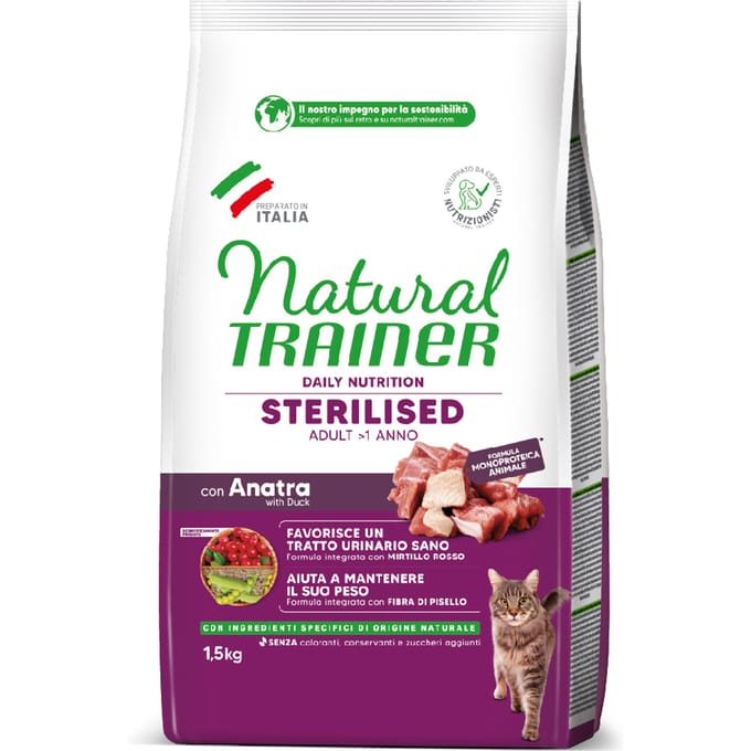 1,5kg Natural Trainer Kat Sterilised met eend droogvoer kat