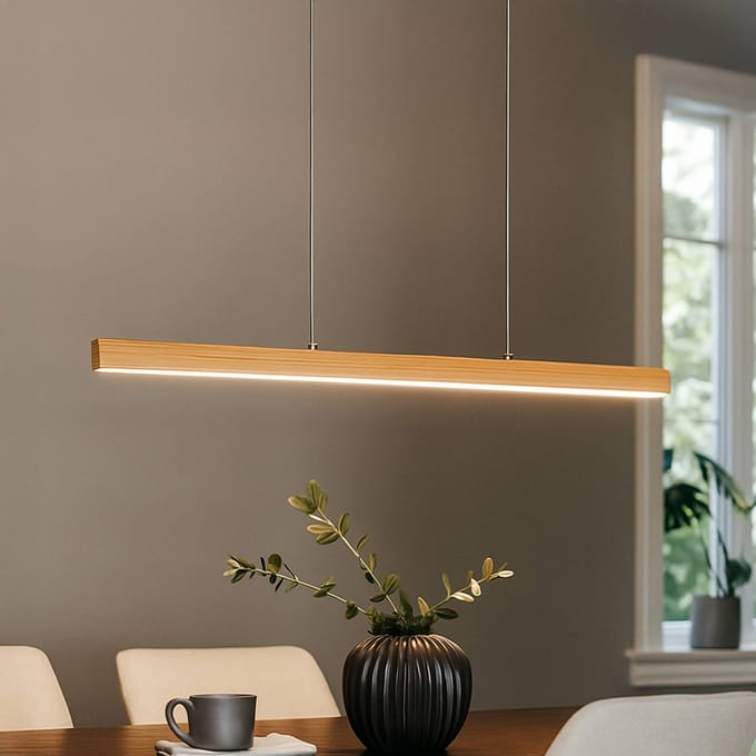 FISCHER & HONSEL LED hanglamp Shine-Wood, lengte 105 cm, eiken/nikkelkleurig