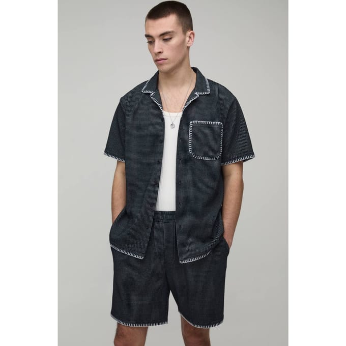 Waffle Contrast Stitch Regular Fit Shirt & Relaxed Short Set | Black | Size Medium