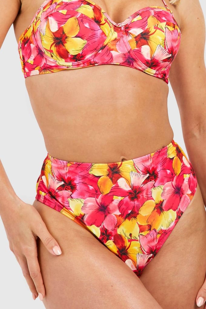 boohoo Dames Tropische hoge taille bikini slip | Roze | Maat: 34