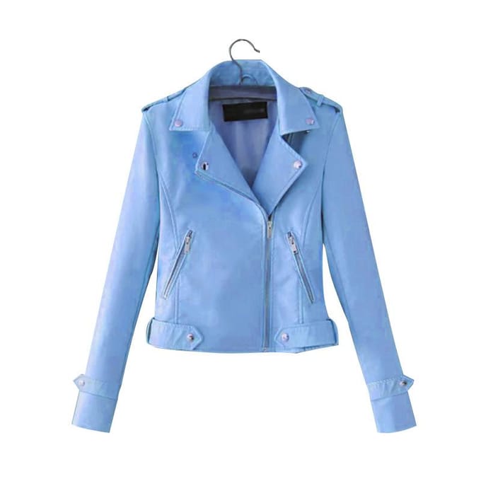 Kunstleren jas dames rits riem jassen zwart PU L blauw