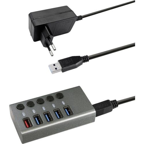 Maxtrack CH10L CH10L USB-hub 5 poorten USB-A USB 3.0 5 GBit/s Individueel schakelbaar Zilver-grijs