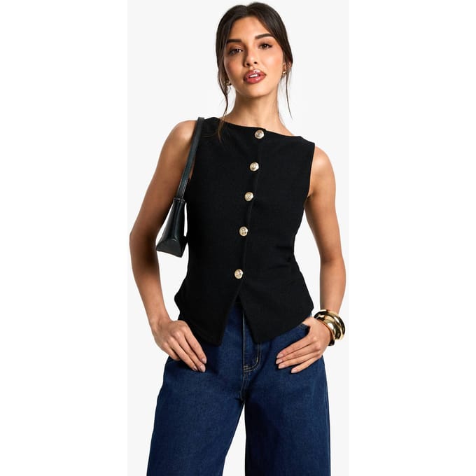 boohoo Dames Textured Button Through Waistcoat | Black | Maat: 12