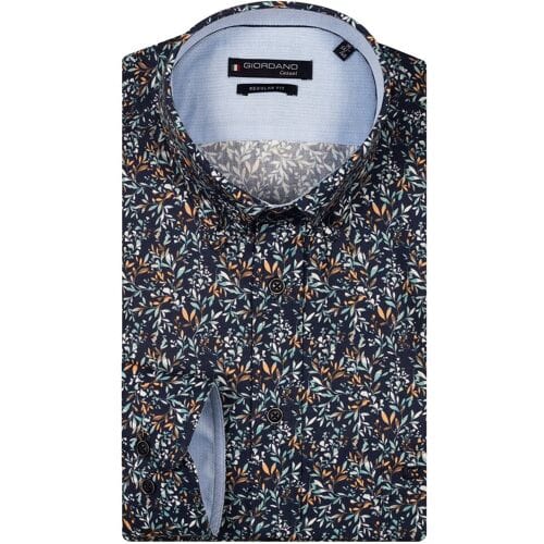 Giordano Overhemd Ivy Button Down Satin Subtle Stretch Fine Leaves Pattern Oranje-Multi / male