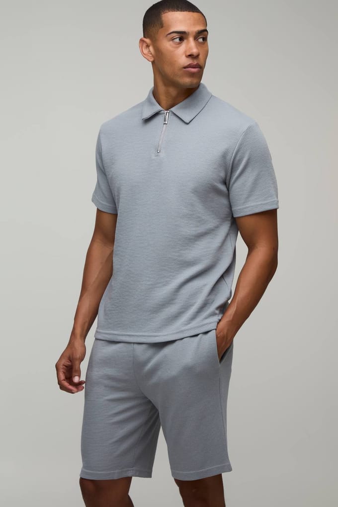 Slim Fit Waffle Zip Neck Polo & Shorts Set | Charcoal | Size XL