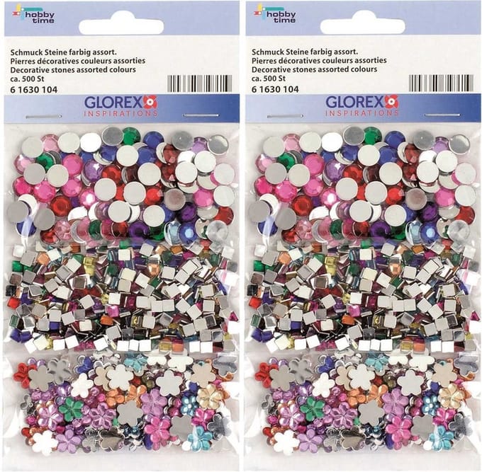 Glorex Plak - strass steentjes - 1000x - gekleurd - rond, vierkant en bloem - plaksteentjes