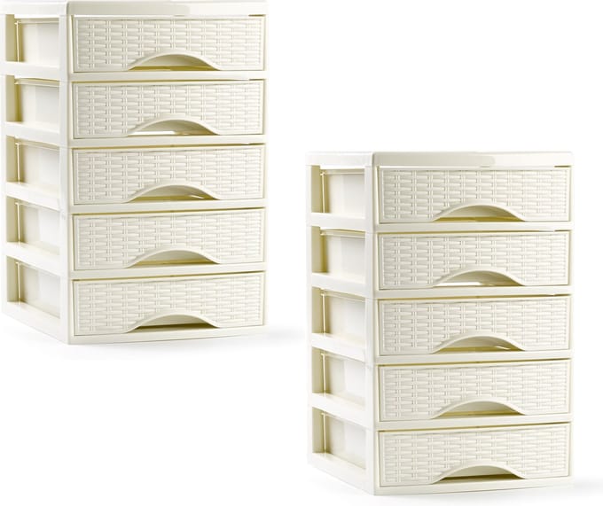 PlasticForte ladeblokje/bureau organizer - 2x - 5 lades - creme wit - L18 x B21 x H28 cm