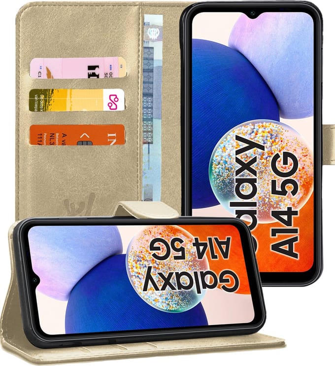 Hoesje geschikt voor Samsung Galaxy A14 - Book Case Kunstleer Pasjeshouder Goud