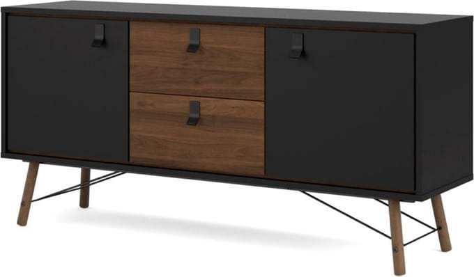 Rye dressoir 2 deuren, 2 lades mat zwart, walnoot decor.