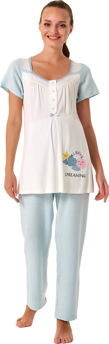 Feyza - Dames Zwangerschap Pyjama Set, Korte Mouwen, Blauw - S