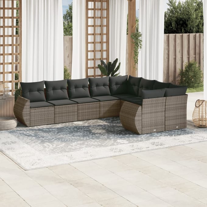 vidaXL - 9-delige - Loungeset - met - kussens - poly - rattan - grijs
