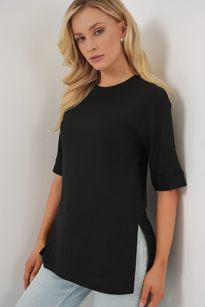Gestructureerde Ronde Hals Korte Mouwen T-Shirt