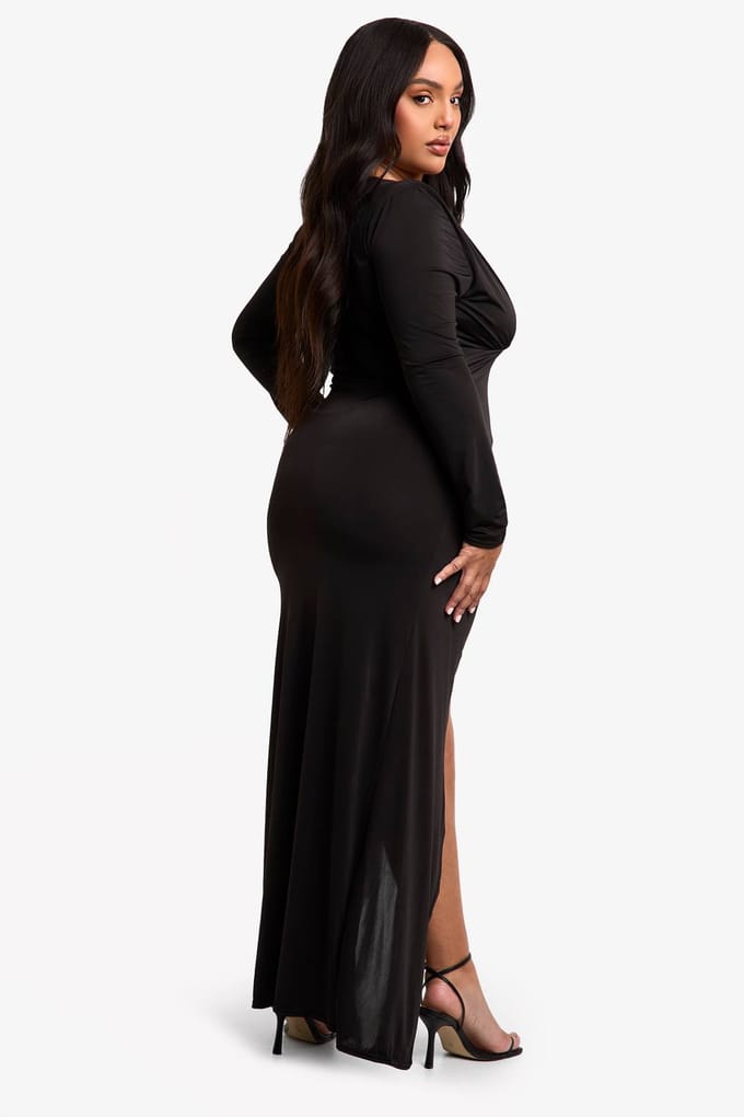 boohoo Dames Plus Dubbele Schouderpad Wrap Maxi Jurk | Zwart | Maat: 56