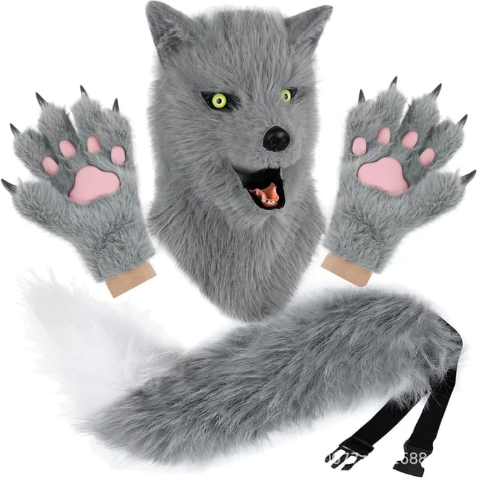 Ensemble tête d'animal en peluche, griffes et queue, accessoire de cosplay pour conventions d'anime. One size fits all adults gris