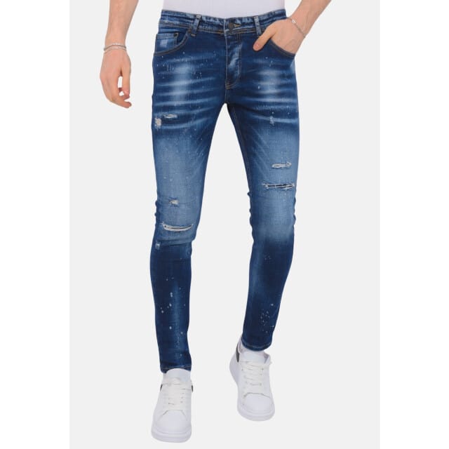 Paint Splatter Ripped Jeans Heren - Slim Fit -1075- Blauw