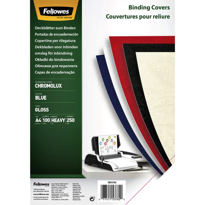 Fellowes dekblad Chromolux, karton, A4, voor draad- en plasticinbindmachines, blauw, 250 g, 100 stuks