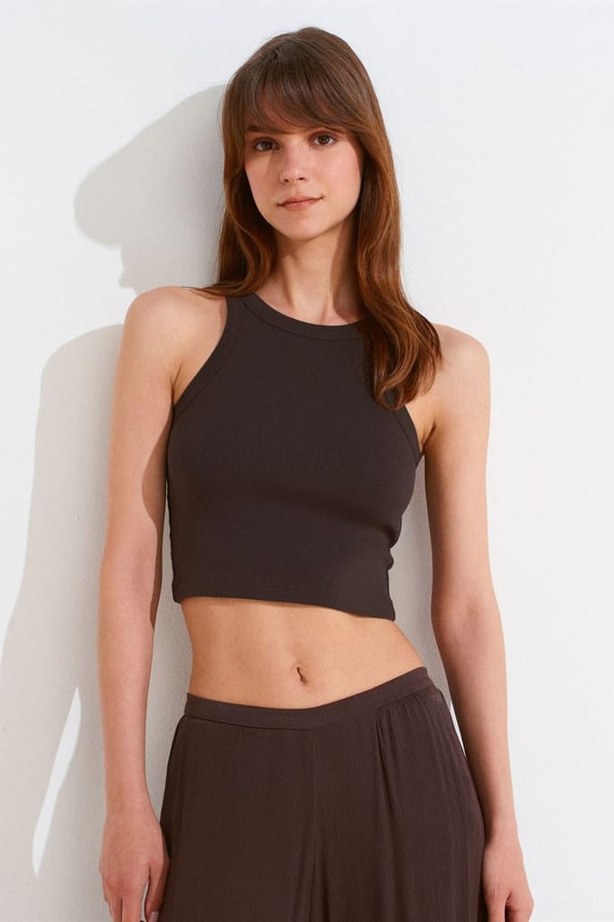 Geribbelde katoenen sweater zonder mouwen Crop Top