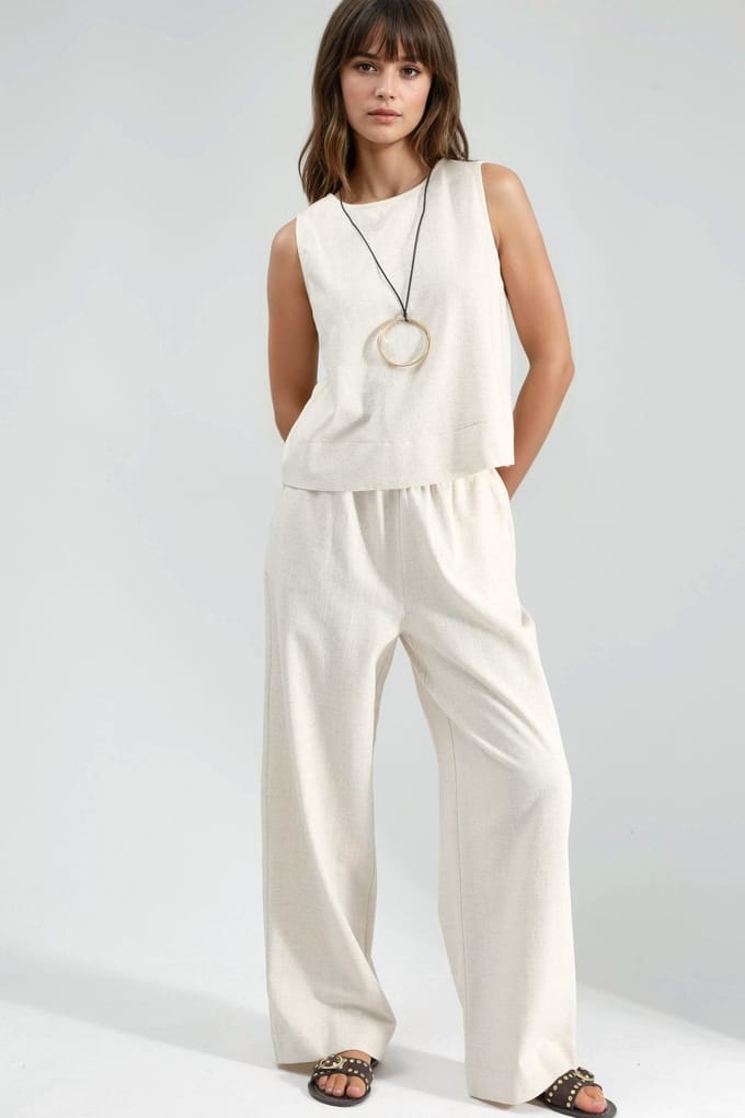 Linnen Mouwloze Blouse & Broek met Zakken Set