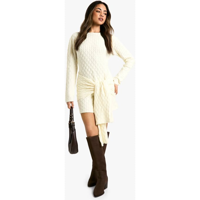 boohoo Dames Soft Cable Oversized Tie Detail Knitted Mini Dress | Creme | Maat: Medium