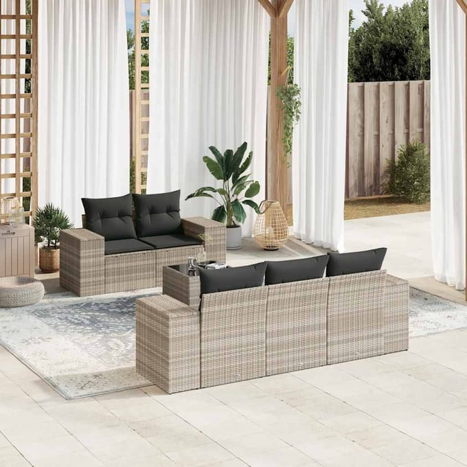 vidaXL - 6-delige - Loungeset - met - kussens - poly - rattan - lichtgrijs