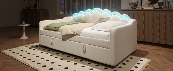 Dagbed - Sofabed Met Hydraulische Opbergruimte - Fluweel Afgewerkt, LED Strip, 90x200 Cm, Beige