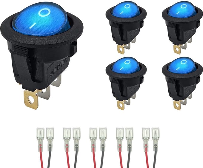 ProRide Wipschakelaar ON-OFF KCD2-12 - met Aansluitkabels - 3-pins - Rond - 12V/20A - Blauw - 5 stuks