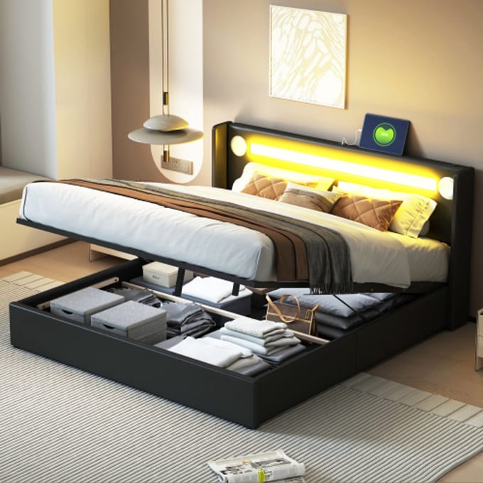 Zubaliya Polsterbed - 160x200 cm Zwart - PU-Leder - LED-Licht - Bluetooth-Player