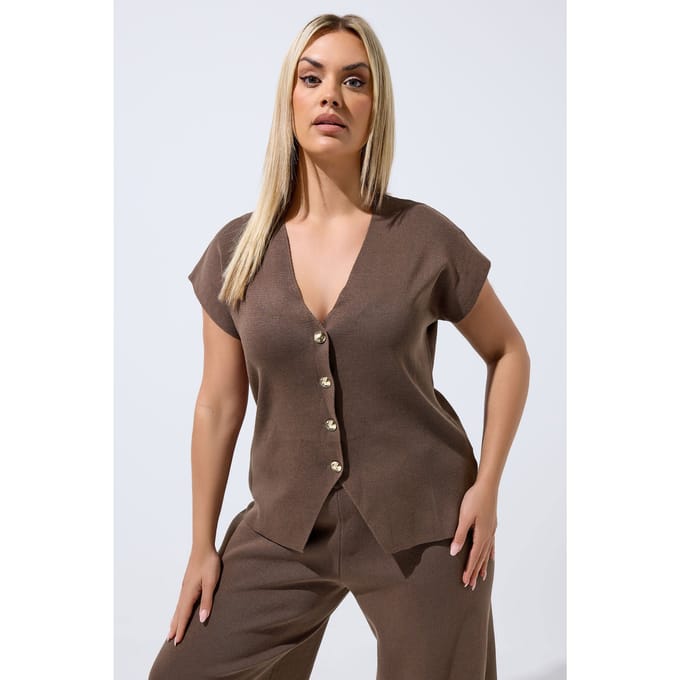 Limited Collection Chocoladebruine Gebreide Top Met Korte Mouwen Size 38