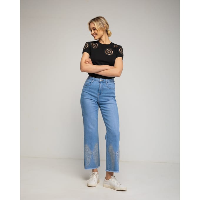 Jeans met hoge taille en kralen